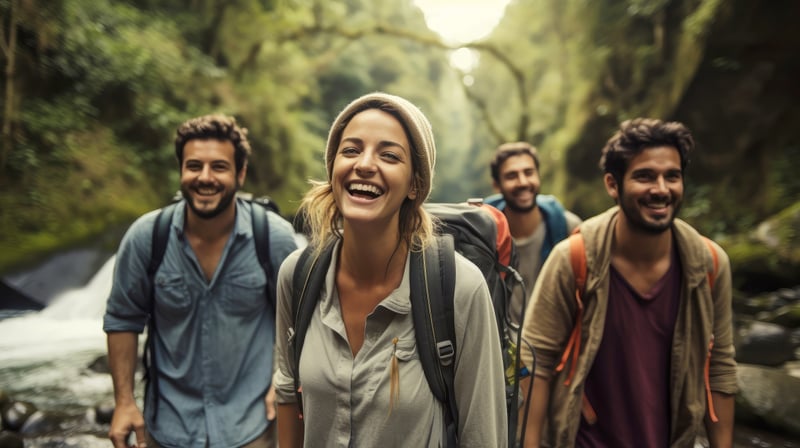 Happy friends laughing together during travel