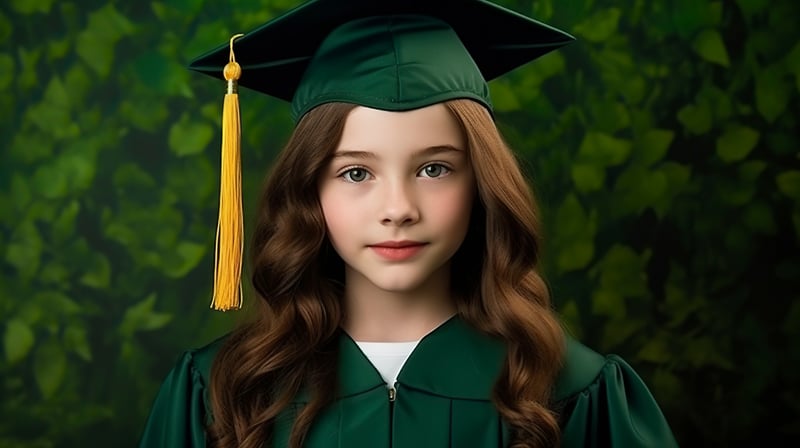 Beautiful young woman in graduation gown celebrating